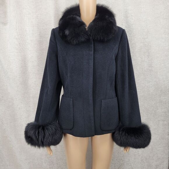 Patty Lewis Vintage Cashmere Wool Elegant Black Fur Trimmed Women's Jacket Coat - Picture 2 of 11